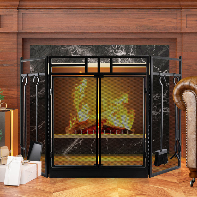 17 Stories Large Decorative Baby Safe 5 Piece 3 Panel Iron Fireplace